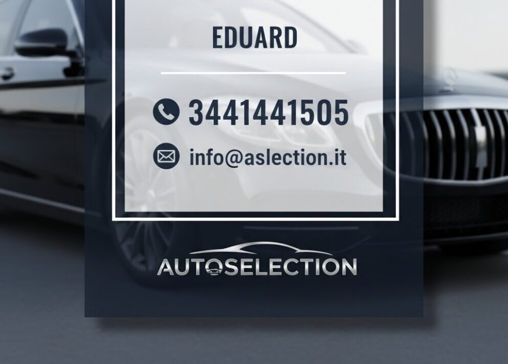 Banner informativo con i contatti di Eduard per Autoselection, che include il numero di telefono 3441441505 e l'indirizzo email info@aslection.it su uno sfondo con un'auto di lusso.