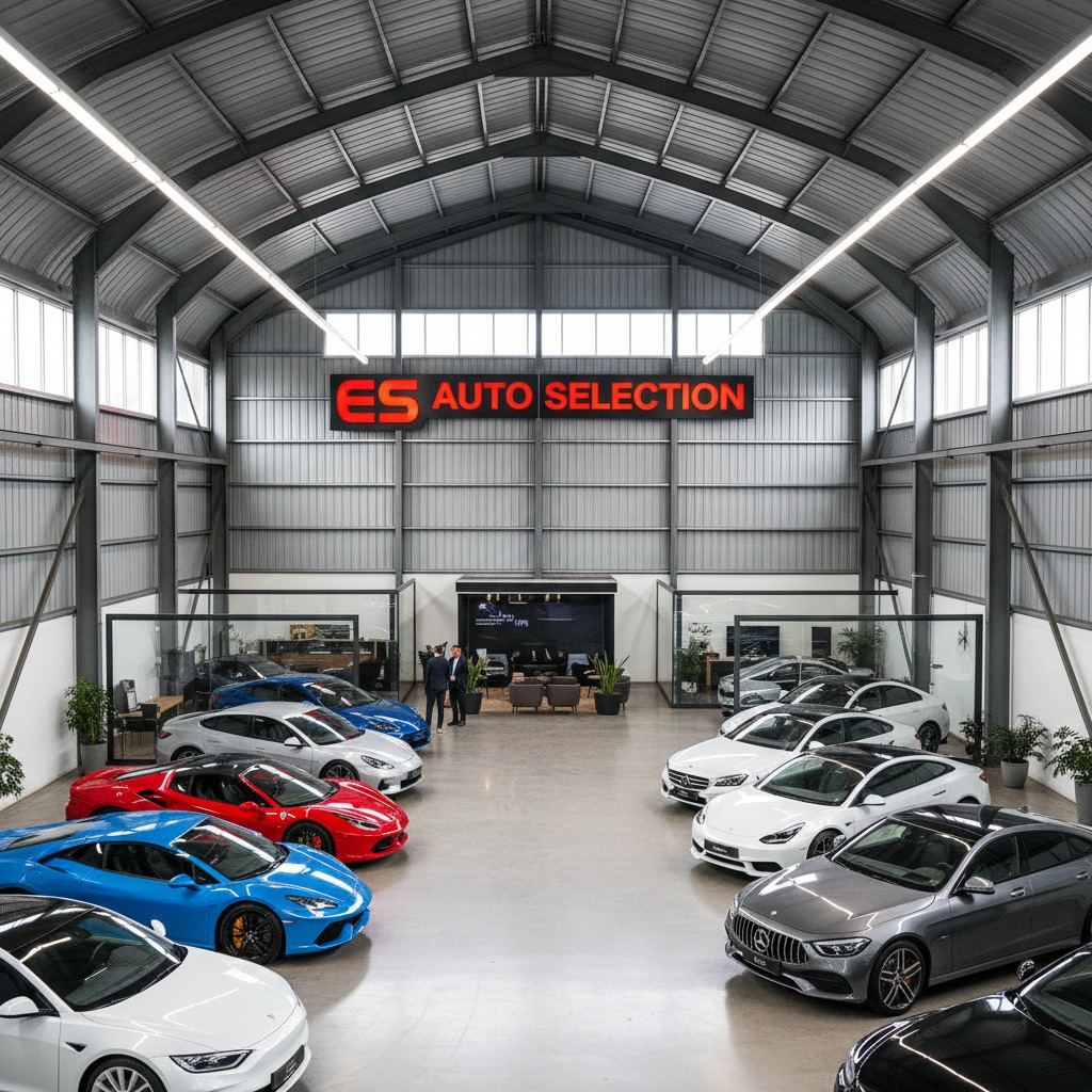 Ampio salone di concessionaria auto con diverse vetture di lusso parcheggiate e due persone che conversano al centro.